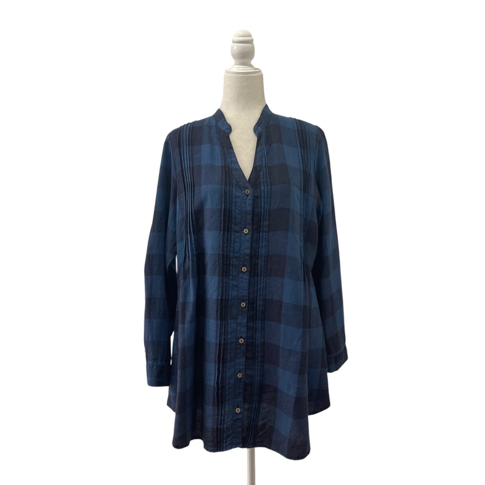 Yuvita Linen Shirt Dress Size L Gingham Roll Tab Sleeves Pintuck Details